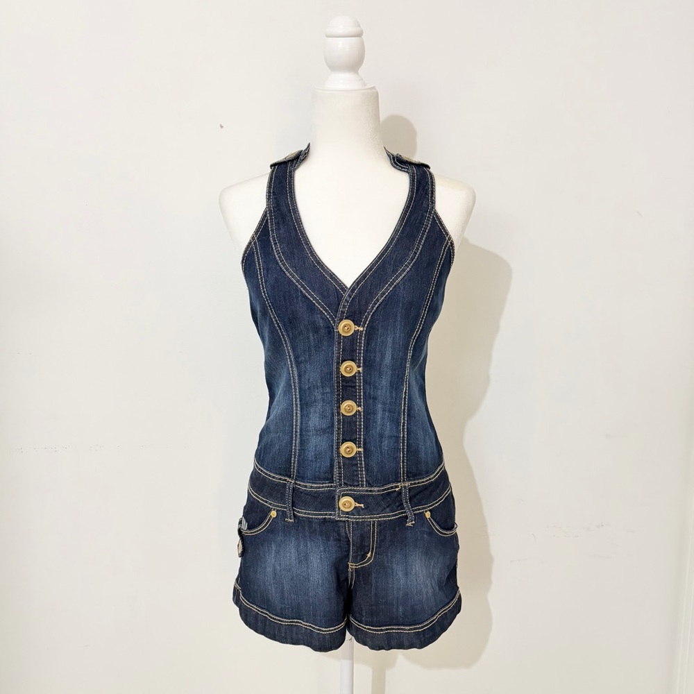 y2k xoxo jeans washed denim v neck button romper with lace-up back